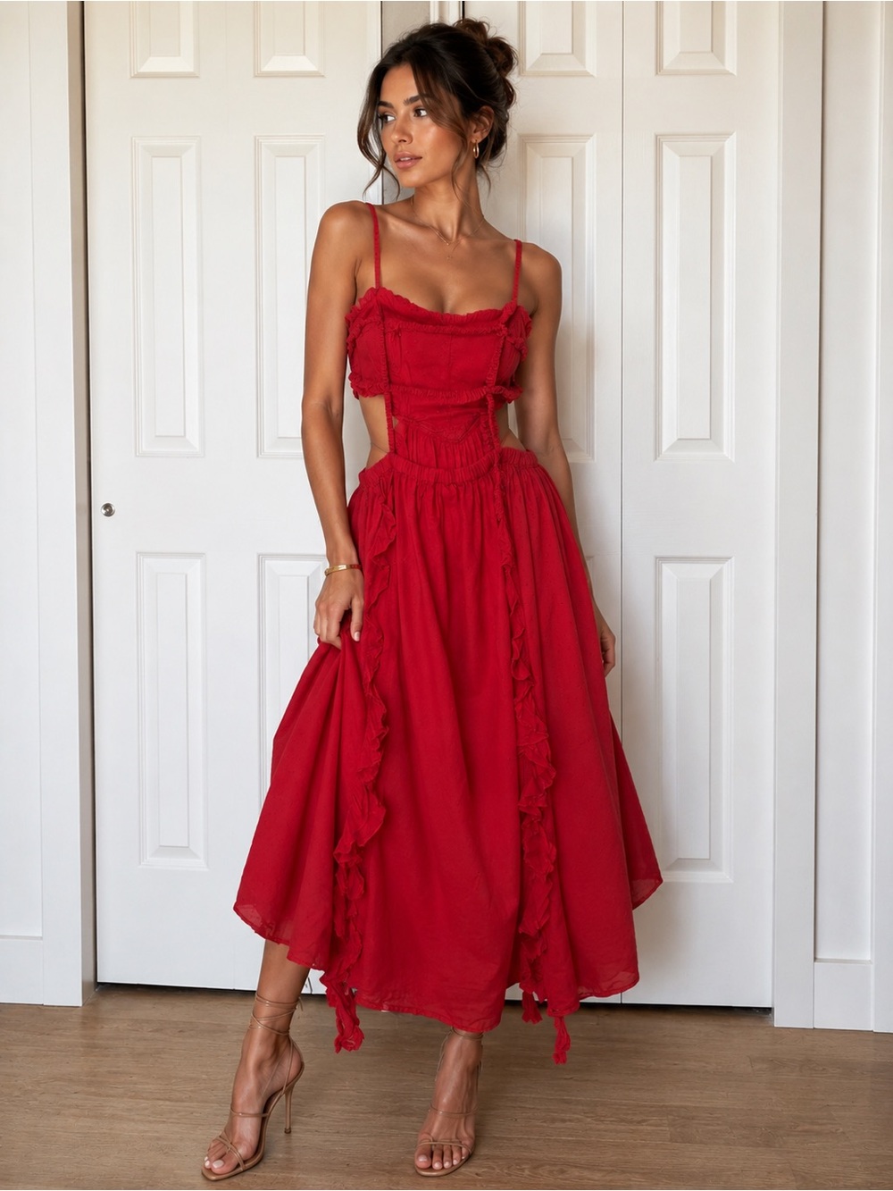 FARM Rio Red Ruffle Maxi Dress with Spaghetti Straps